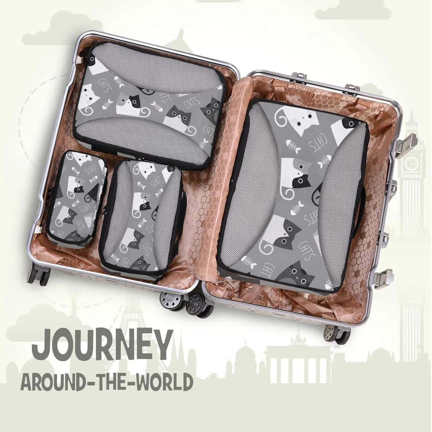 Black White Grey Cats and Fishes Bone Silhouettes on Dark Grey 4 Set Packing Cubes, Travel Packing Organizers, 600D Oxford Cloth Toiletry Storage Bag, Luggage Mesh Bags for Accessories