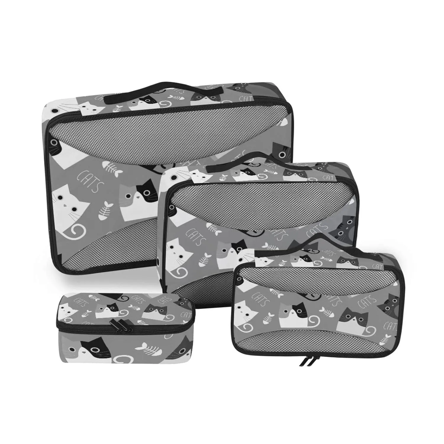 Black White Grey Cats and Fishes Bone Silhouettes on Dark Grey 4 Set Packing Cubes, Travel Packing Organizers, 600D Oxford Cloth Toiletry Storage Bag, Luggage Mesh Bags for Accessories