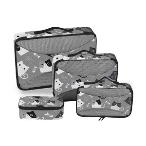Black White Grey Cats and Fishes Bone Silhouettes on Dark Grey 4 Set Packing Cubes, Travel Packing Organizers, 600D Oxford Cloth Toiletry Storage Bag, Luggage Mesh Bags for Accessories