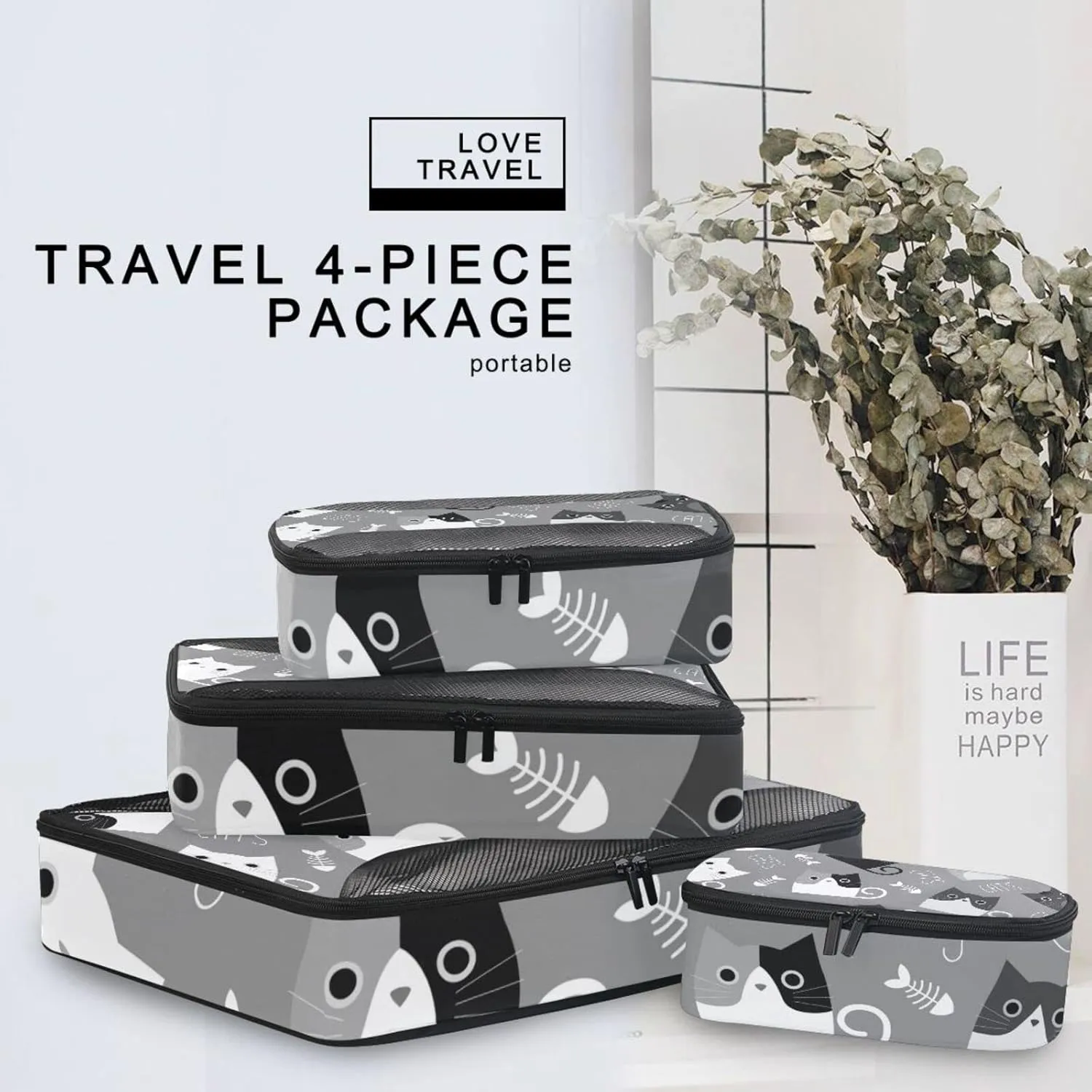 Black White Grey Cats and Fishes Bone Silhouettes on Dark Grey 4 Set Packing Cubes, Travel Packing Organizers, 600D Oxford Cloth Toiletry Storage Bag, Luggage Mesh Bags for Accessories