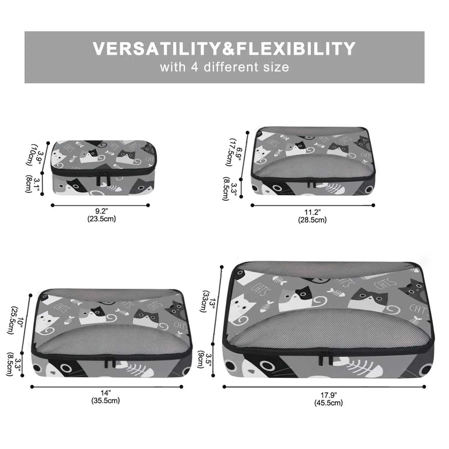 Black White Grey Cats and Fishes Bone Silhouettes on Dark Grey 4 Set Packing Cubes, Travel Packing Organizers, 600D Oxford Cloth Toiletry Storage Bag, Luggage Mesh Bags for Accessories