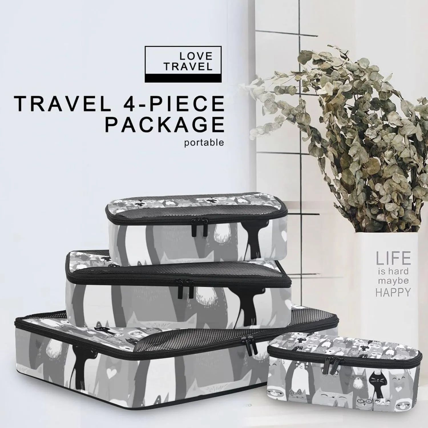 Black White Seamless Cartoon Horse Heads Texture 4 Set Packing Cubes, Travel Packing Organizers, 600D Oxford Cloth Toiletry Storage Bag, Luggage Mesh Bags for Accessories