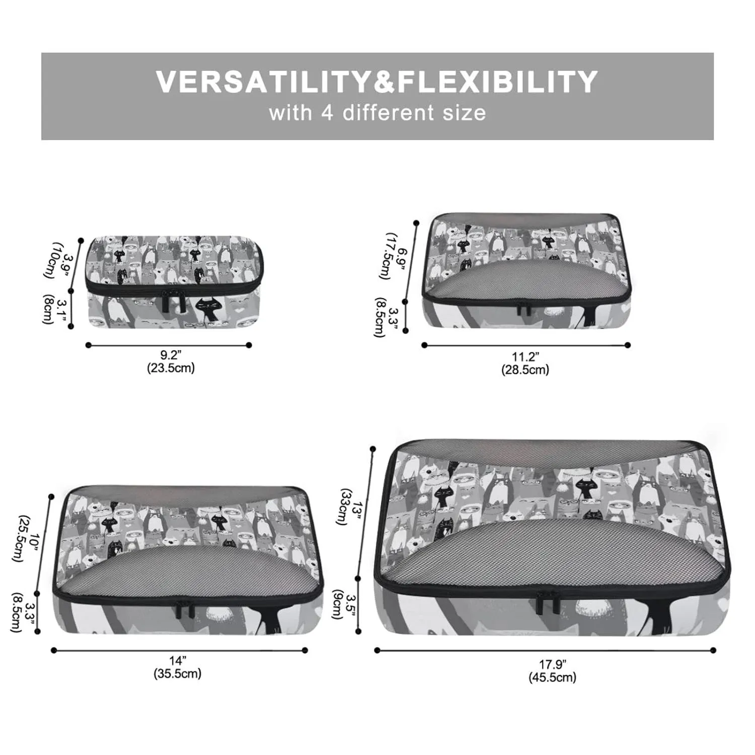 Black White Seamless Cartoon Horse Heads Texture 4 Set Packing Cubes, Travel Packing Organizers, 600D Oxford Cloth Toiletry Storage Bag, Luggage Mesh Bags for Accessories