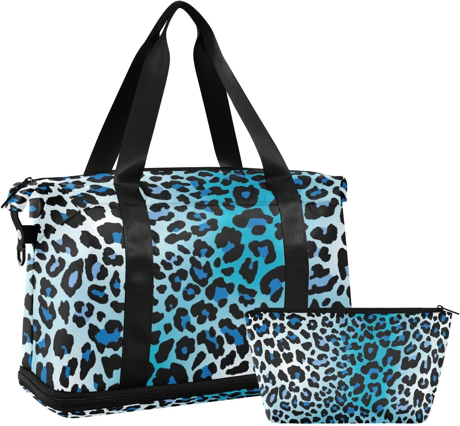 Blue Leopard Blue Versatile Sports Travel Bag - Lasting Twill Tote, Removable Wheel & Rod Bagging, Multi-pocket Design, Complimentary Makeup Bag