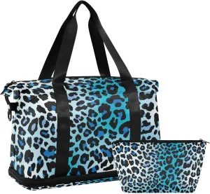 Blue Leopard Blue Versatile Sports Travel Bag - Lasting Twill Tote, Removable Wheel & Rod Bagging, Multi-pocket Design, Complimentary Makeup Bag