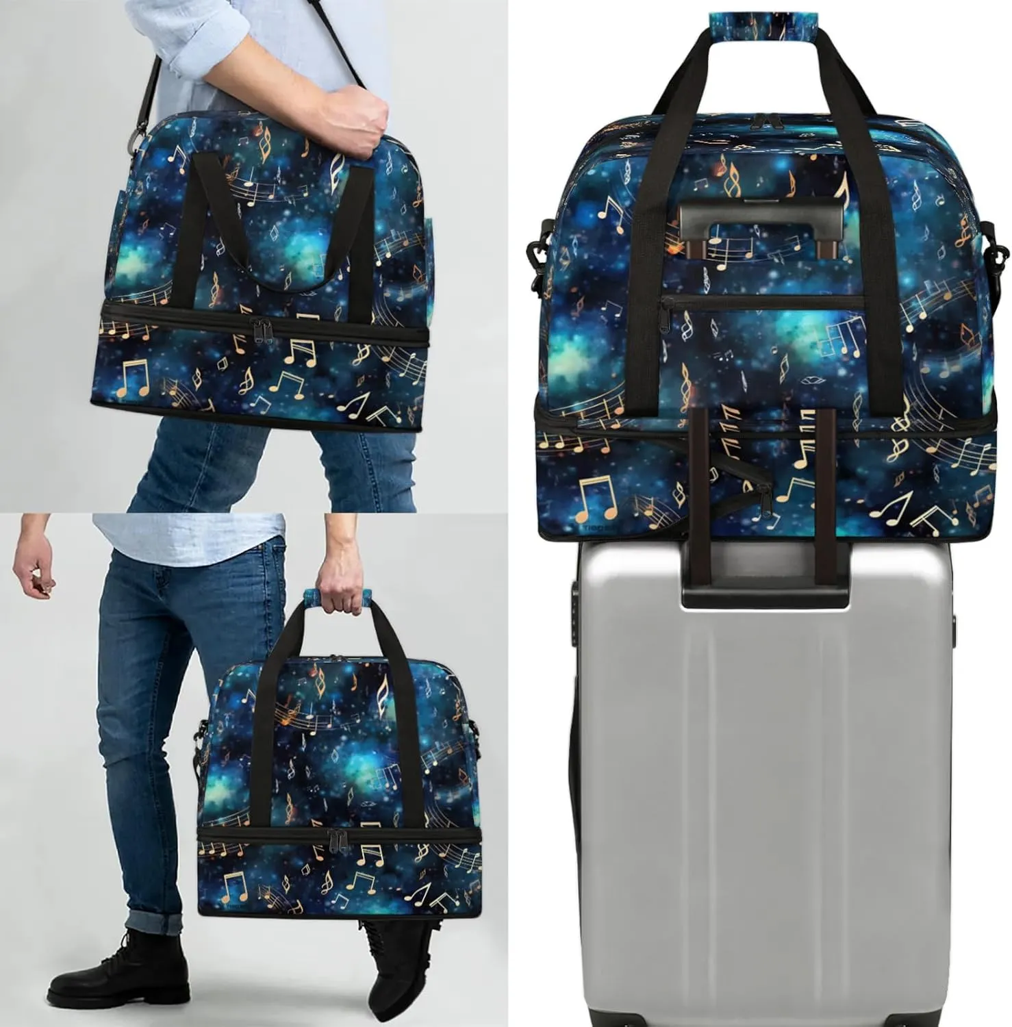 Blue Musical Note Galaxy Travel Duffel Bags for Women & Men Large Sports Gym Bags Foldie Weekender Overnight Bag Carry On Tote Bag With Shoe Compartment Personal Item Bag for Travel Sports Gym