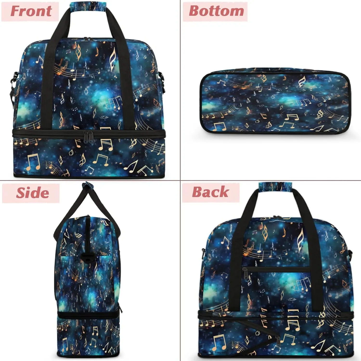 Blue Musical Note Galaxy Travel Duffel Bags for Women & Men Large Sports Gym Bags Foldie Weekender Overnight Bag Carry On Tote Bag With Shoe Compartment Personal Item Bag for Travel Sports Gym