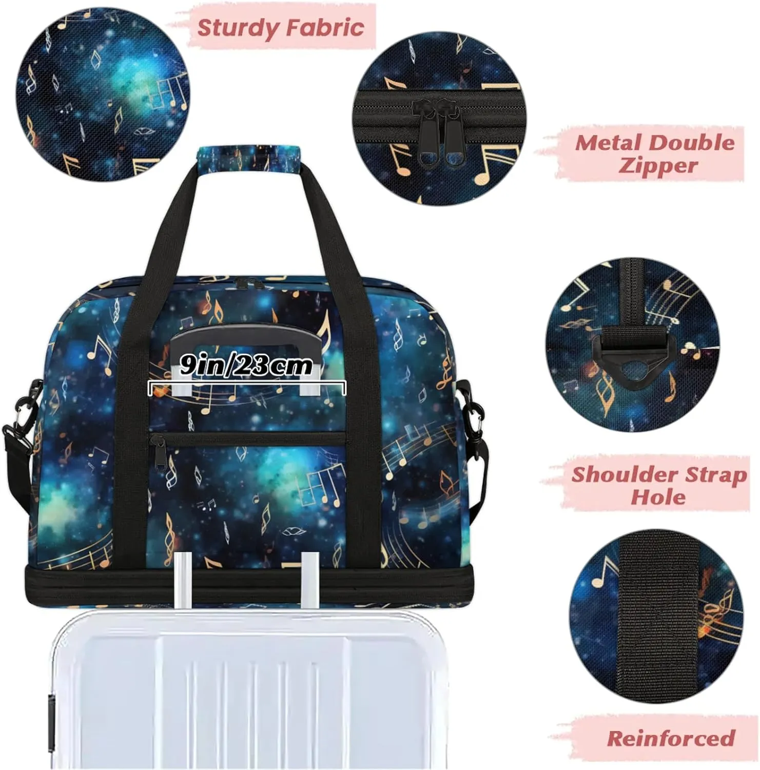 Blue Musical Note Galaxy Travel Duffel Bags for Women & Men Large Sports Gym Bags Foldie Weekender Overnight Bag Carry On Tote Bag With Shoe Compartment Personal Item Bag for Travel Sports Gym