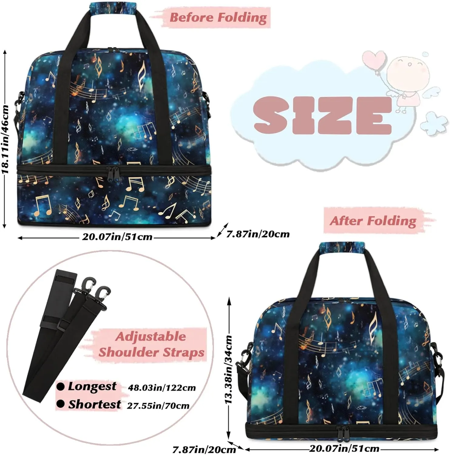 Blue Musical Note Galaxy Travel Duffel Bags for Women & Men Large Sports Gym Bags Foldie Weekender Overnight Bag Carry On Tote Bag With Shoe Compartment Personal Item Bag for Travel Sports Gym