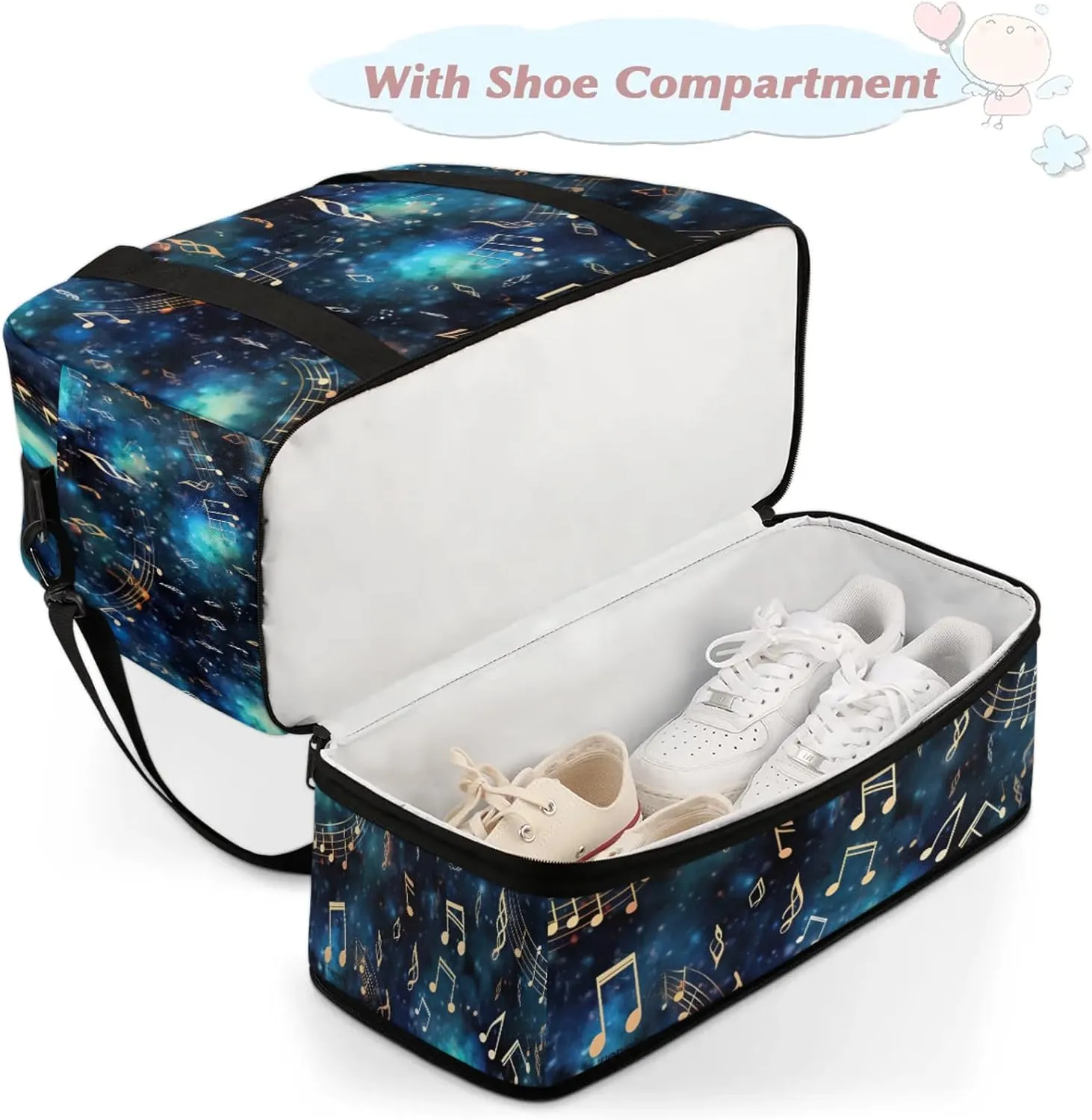 Blue Musical Note Galaxy Travel Duffel Bags for Women & Men Large Sports Gym Bags Foldie Weekender Overnight Bag Carry On Tote Bag With Shoe Compartment Personal Item Bag for Travel Sports Gym