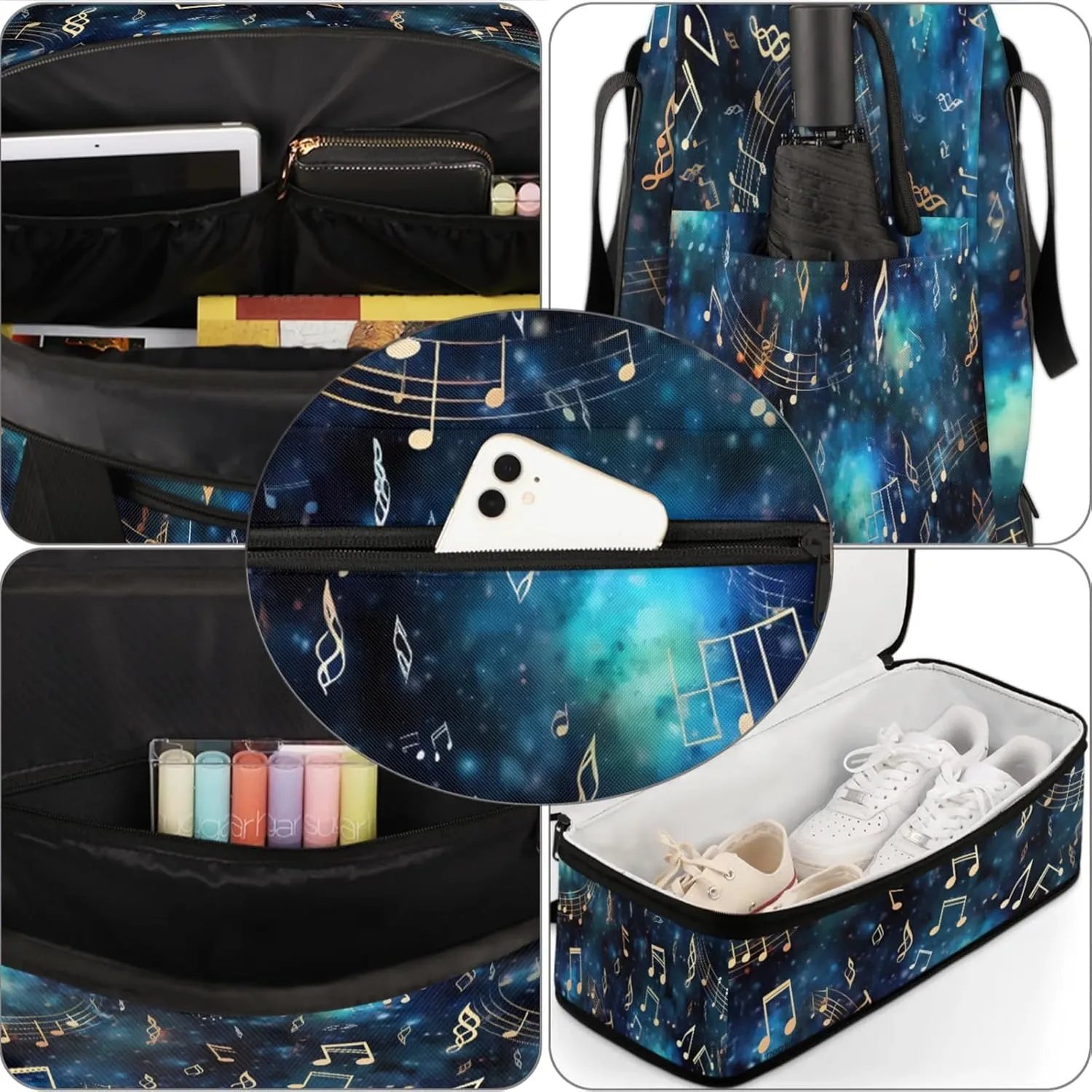 Blue Musical Note Galaxy Travel Duffel Bags for Women & Men Large Sports Gym Bags Foldie Weekender Overnight Bag Carry On Tote Bag With Shoe Compartment Personal Item Bag for Travel Sports Gym