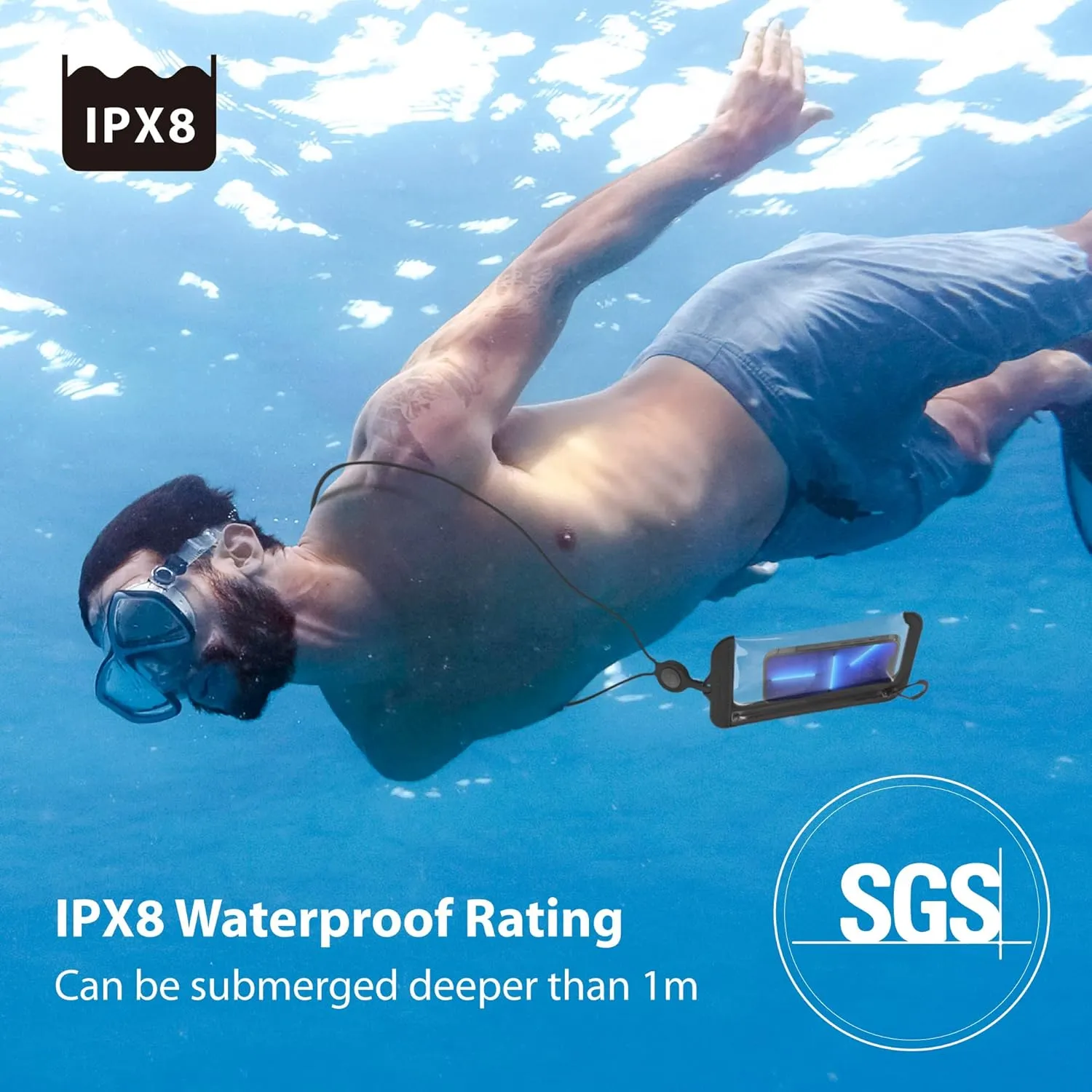 BONE】Waterproof Phone Pouch, IPX13 Waterproof Phone Case for Swimming Dry Bag Underwater with Lanyard for Snorkeling Boating Fishing Compatible with iPhone, Samsung Galaxy Pixel, Lanyard (Blue)