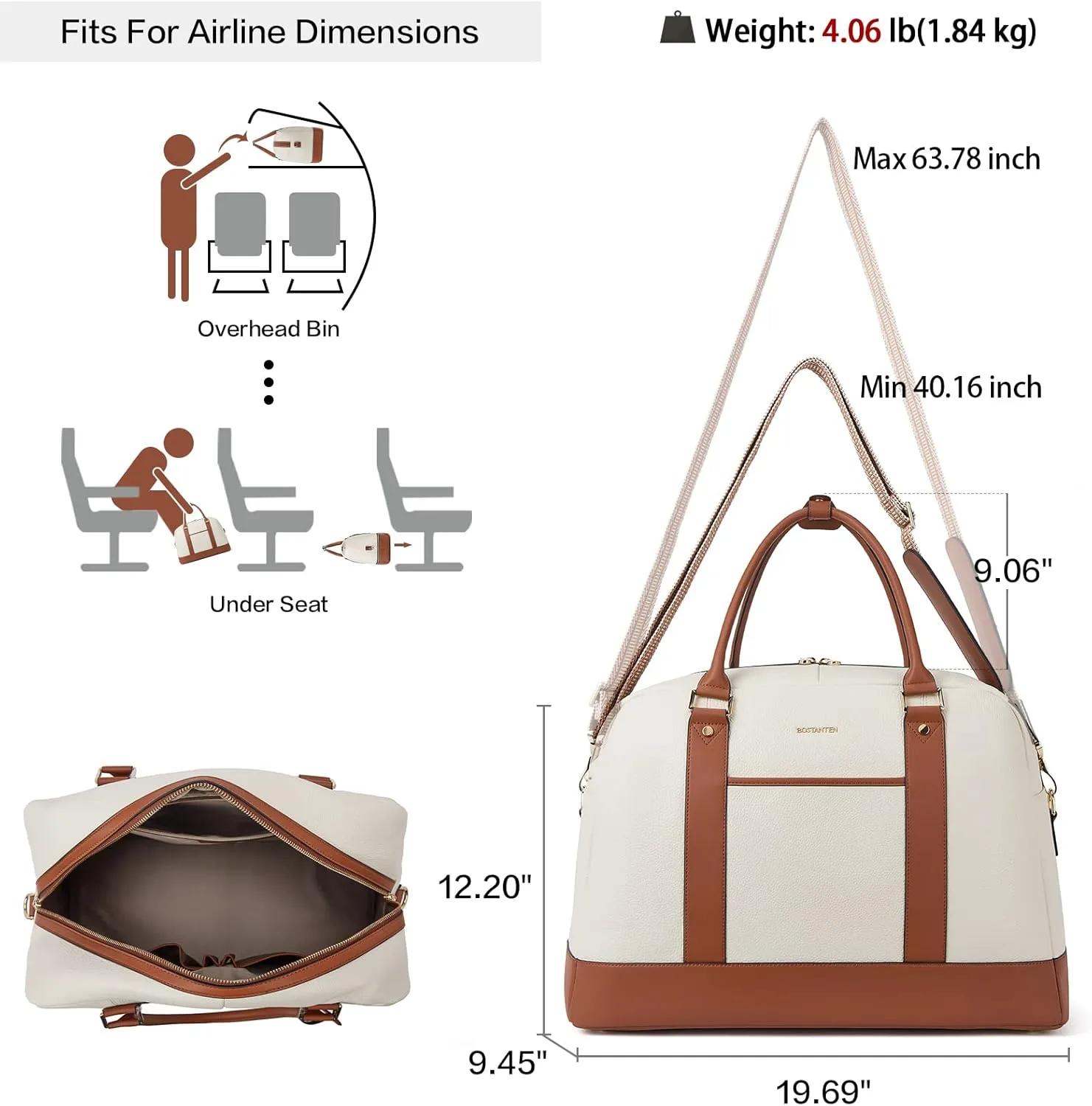 BOSTANTEN Travel Weekender Bags For Women Leather Duffle Bag Womens Overnight Bag Large Duffel Tote with Trolley Sleeve Flight Approved
