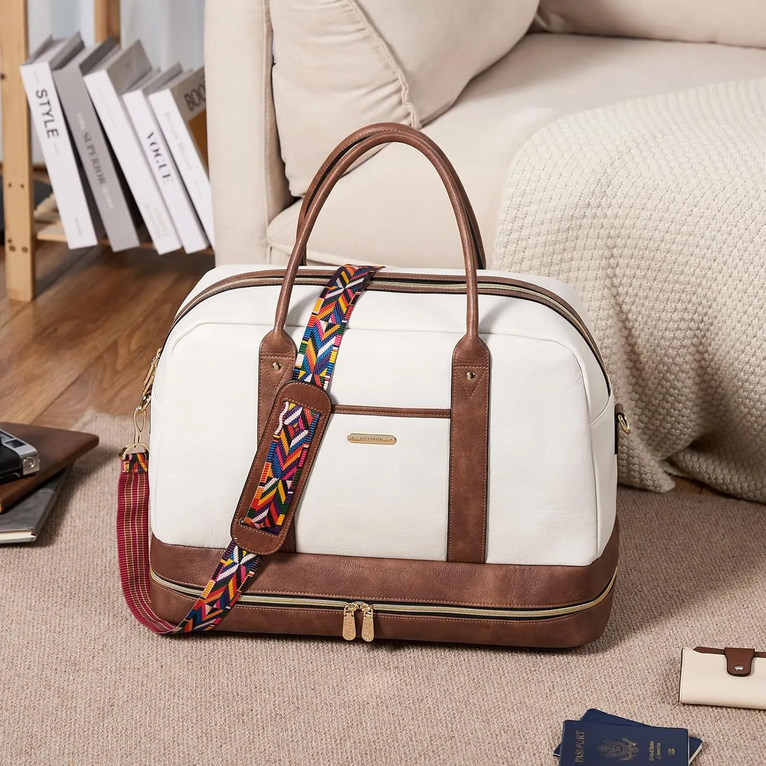 BOSTANTEN Weekender Bags for Women Leather Travel Duffel Overnight Bag Large Duffle with Shoe Compartment &Trolley Sleeve