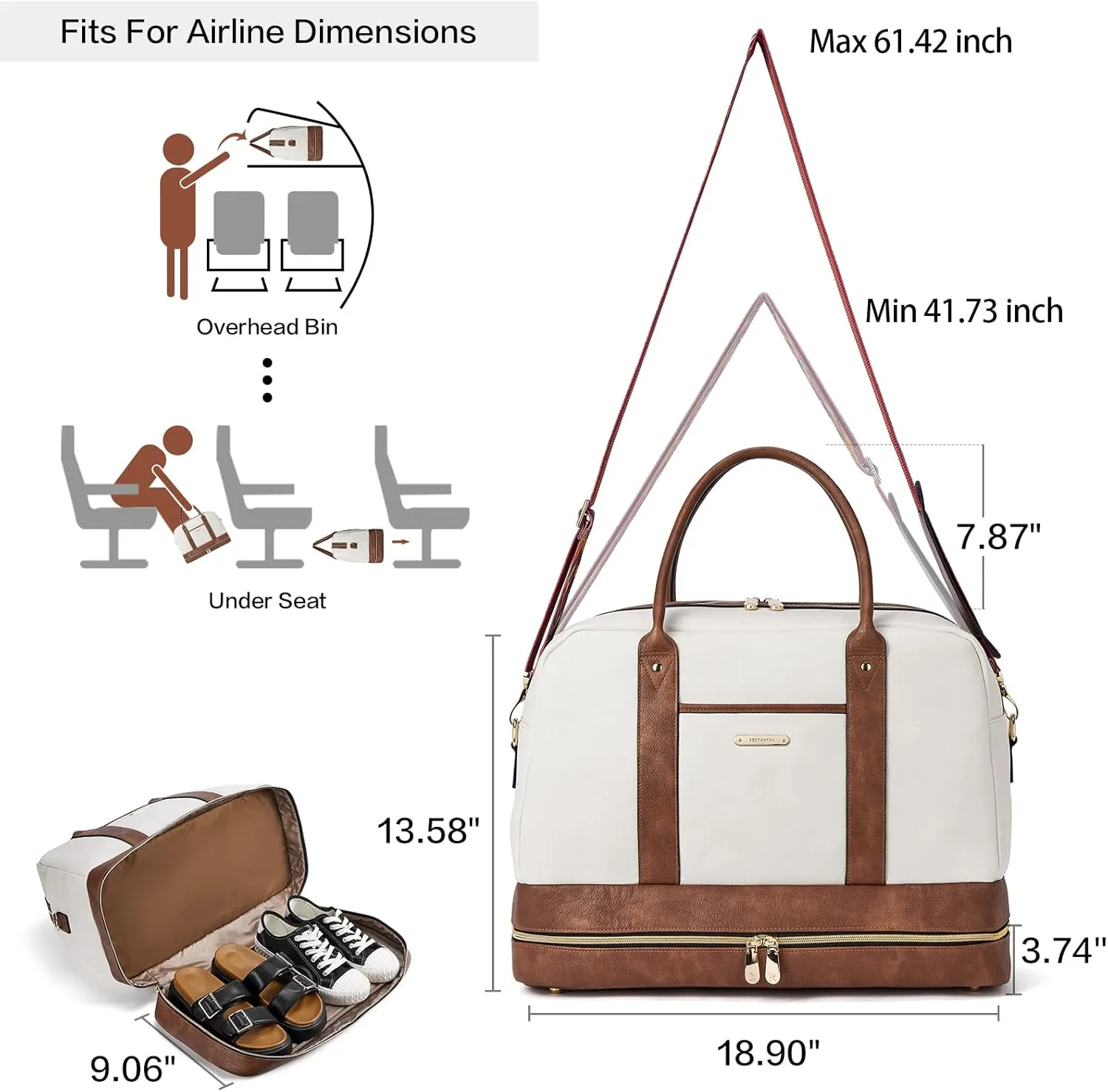 BOSTANTEN Weekender Bags for Women Leather Travel Duffel Overnight Bag Large Duffle with Shoe Compartment &Trolley Sleeve