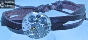 BROWN FAUX LEATHER CRISS CROSS STRAPS BRACELET SILVER AUTHENTIC WATCH CLOCK COMPLETE MOVEMENT SLIDER STARR WILDE STEAMPUNK FORTRESS