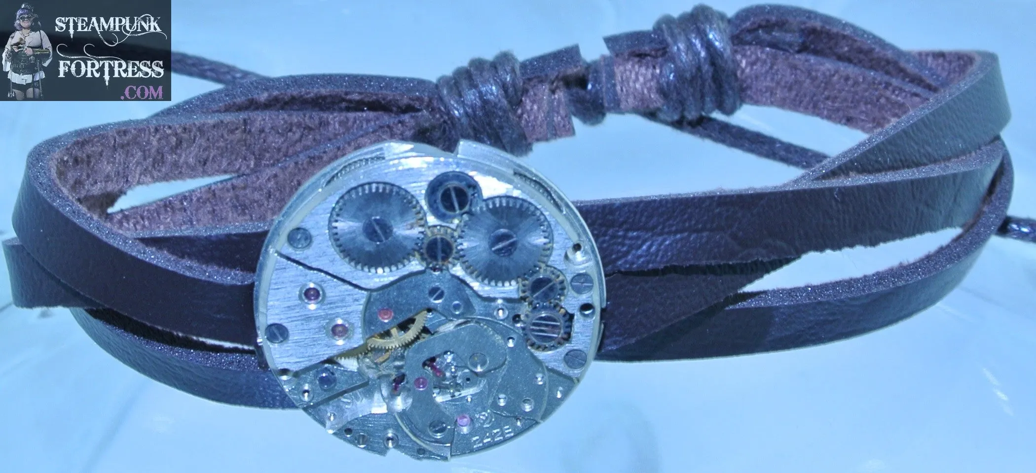 BROWN FAUX LEATHER CRISS CROSS STRAPS BRACELET SILVER AUTHENTIC WATCH CLOCK COMPLETE MOVEMENT SLIDER STARR WILDE STEAMPUNK FORTRESS