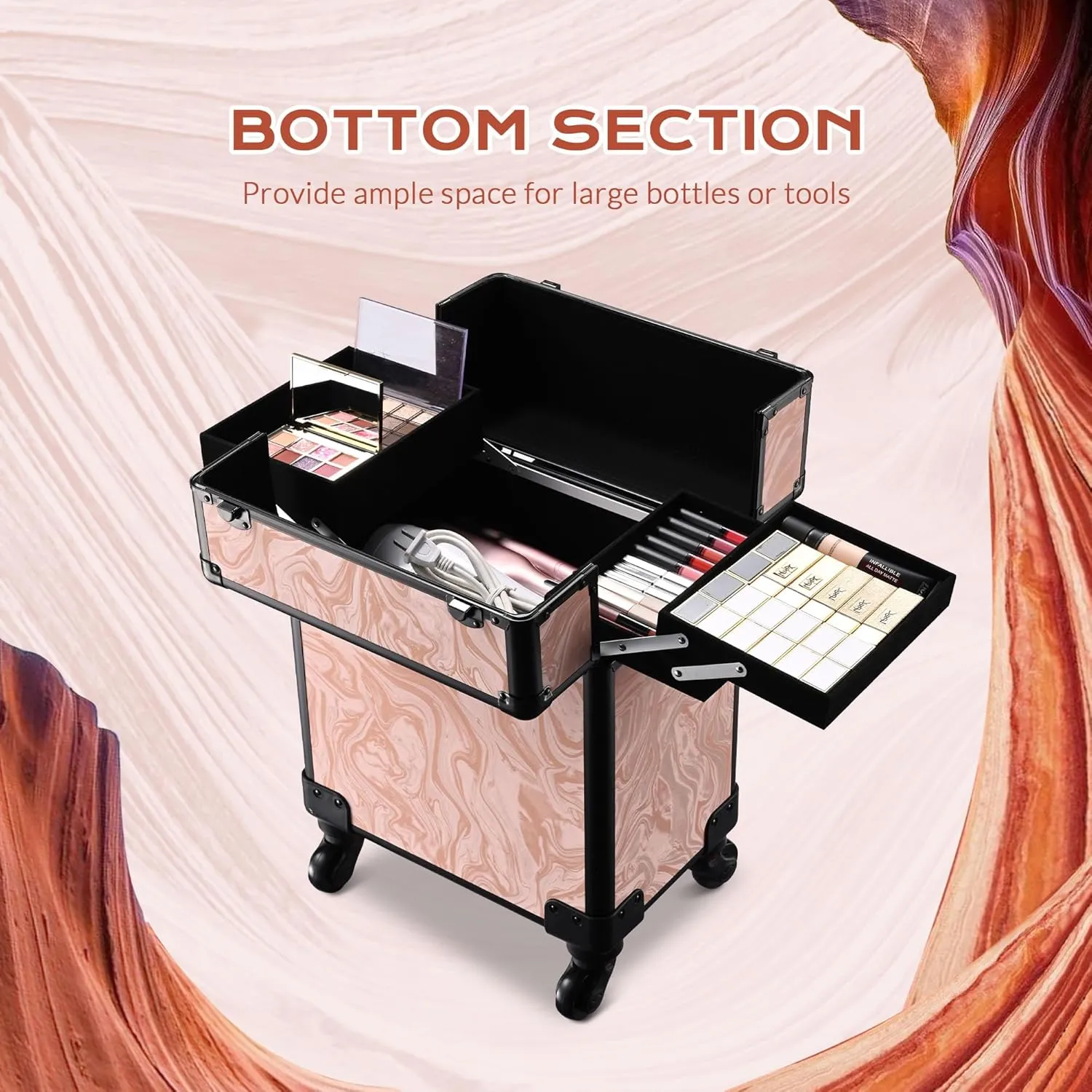 BYOOTIQUE Rolling Makeup Train Case on Wheels Cosmetology Organizer Box Professional Aluminum Cosmetic Trolley Travel Suitcase for Salon Barber Hairstylist Artist,CoyoteButtes Dusk