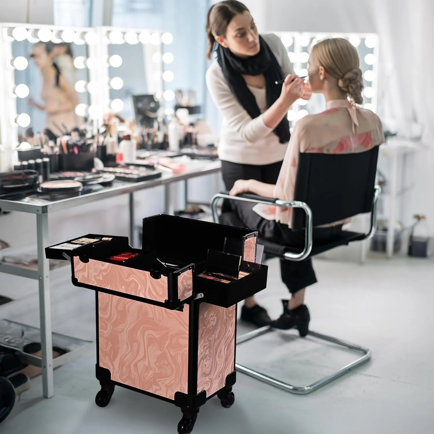 BYOOTIQUE Rolling Makeup Train Case on Wheels Cosmetology Organizer Box Professional Aluminum Cosmetic Trolley Travel Suitcase for Salon Barber Hairstylist Artist,CoyoteButtes Dusk