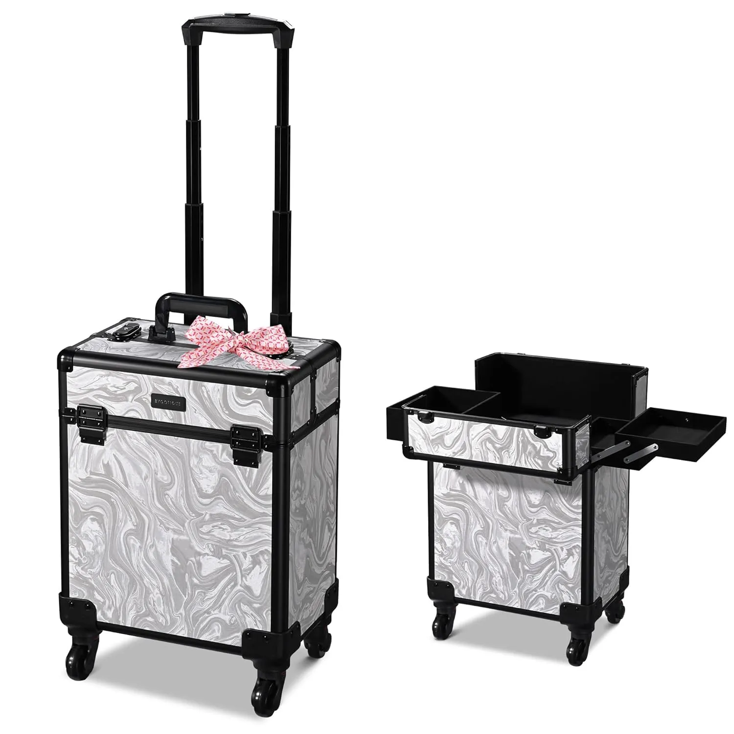 BYOOTIQUE Rolling Makeup Train Case on Wheels Cosmetology Organizer Box Professional Aluminum Cosmetic Trolley Travel Suitcase for Salon Barber Hairstylist Artist,CoyoteButtes Graystonee