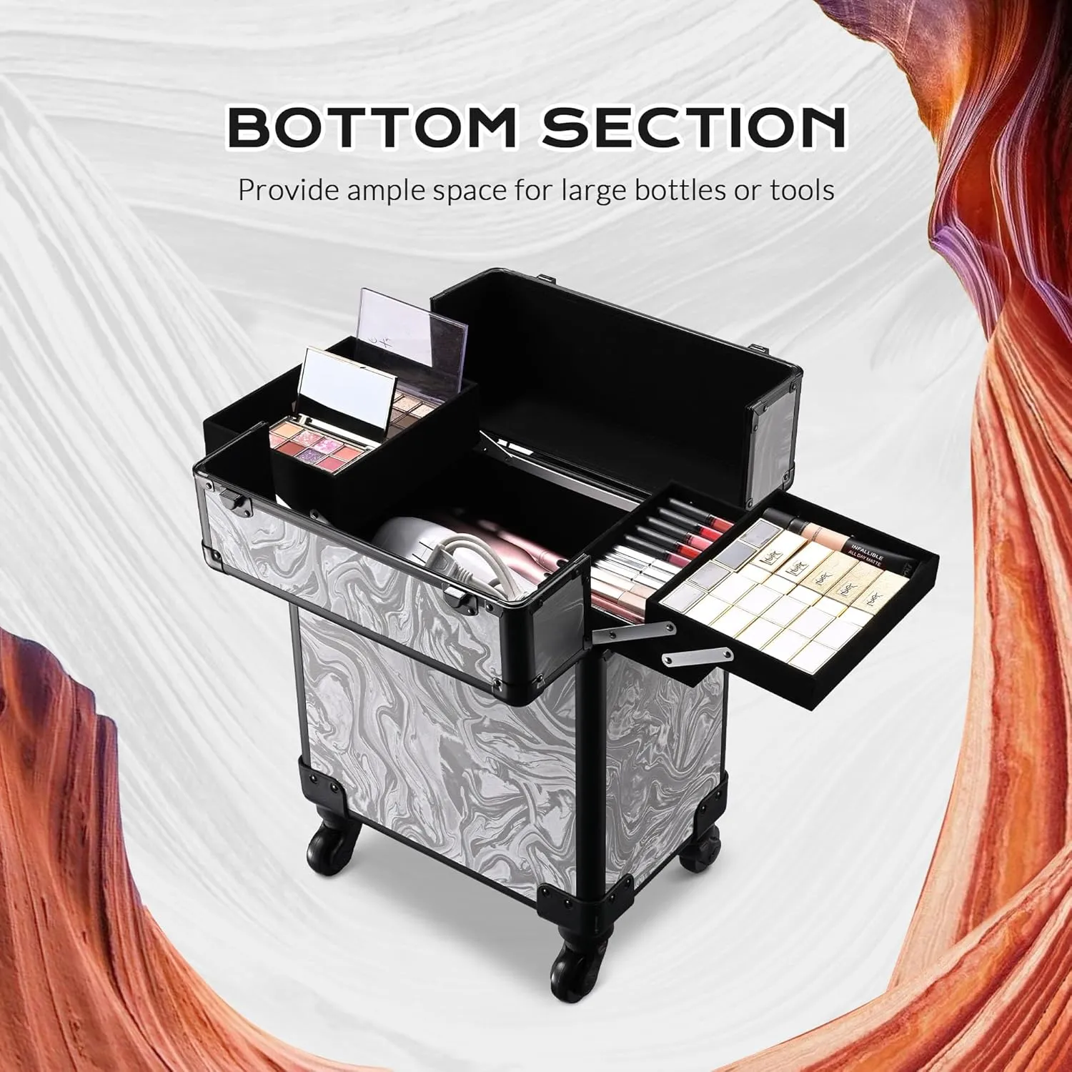 BYOOTIQUE Rolling Makeup Train Case on Wheels Cosmetology Organizer Box Professional Aluminum Cosmetic Trolley Travel Suitcase for Salon Barber Hairstylist Artist,CoyoteButtes Graystonee