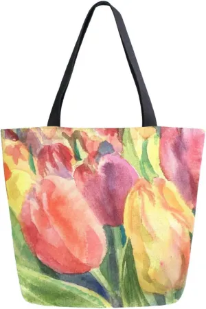 Canvas Tote Bag Tulip Flowers Meadow Women Shoulder Bag Spring Mother Day Reusable Grocery Bags Large Handbag Travel Shopping Bag for School Nursing Gift Outdoors