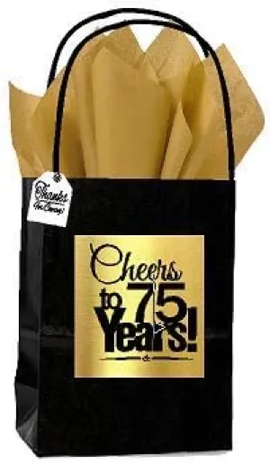 Celebrate Next Black & Gold 75th Birthday/Anniversary Cheers Themed Small Party Favor Gift Bags with Tags -12pack