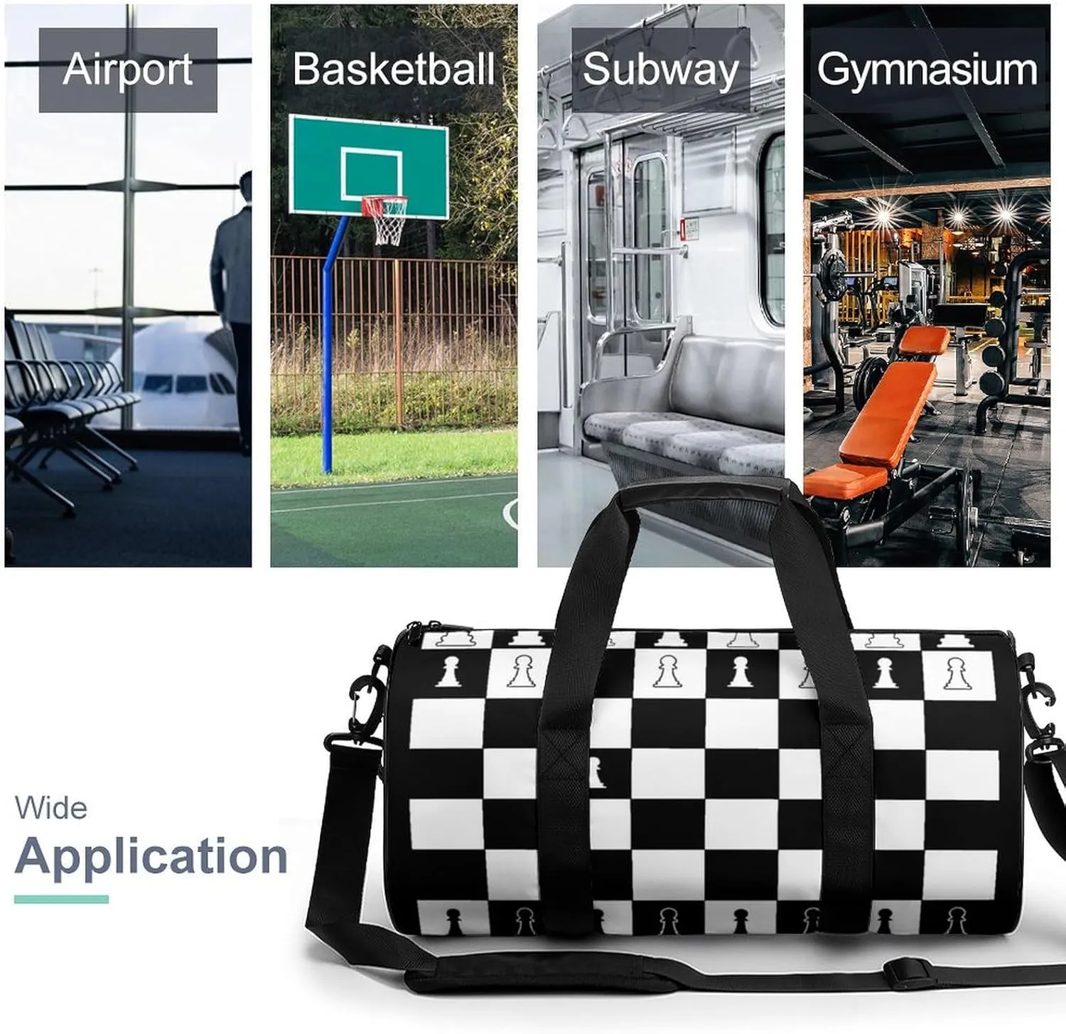 Chess Pattern Duffelbag Zipper Tote Bag Cylindrical Duffelbags Picnic Bags Gym Satchel Travel Handbag Sports Duffel Bags 17.7in/9in/9in