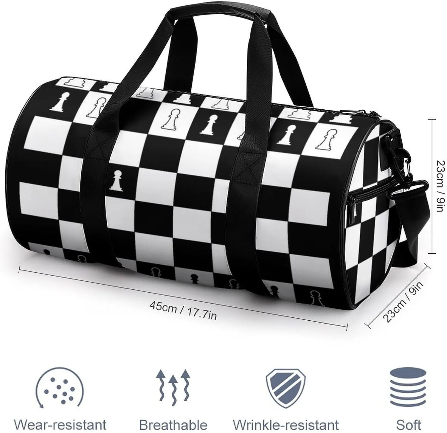 Chess Pattern Duffelbag Zipper Tote Bag Cylindrical Duffelbags Picnic Bags Gym Satchel Travel Handbag Sports Duffel Bags 17.7in/9in/9in