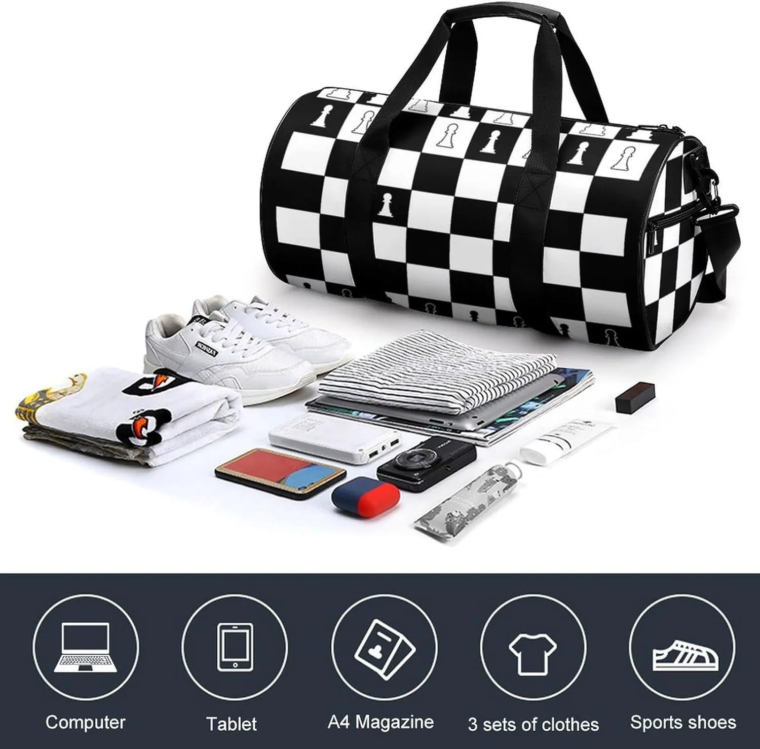 Chess Pattern Duffelbag Zipper Tote Bag Cylindrical Duffelbags Picnic Bags Gym Satchel Travel Handbag Sports Duffel Bags 17.7in/9in/9in