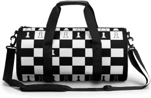 Chess Pattern Duffelbag Zipper Tote Bag Cylindrical Duffelbags Picnic Bags Gym Satchel Travel Handbag Sports Duffel Bags 17.7in/9in/9in