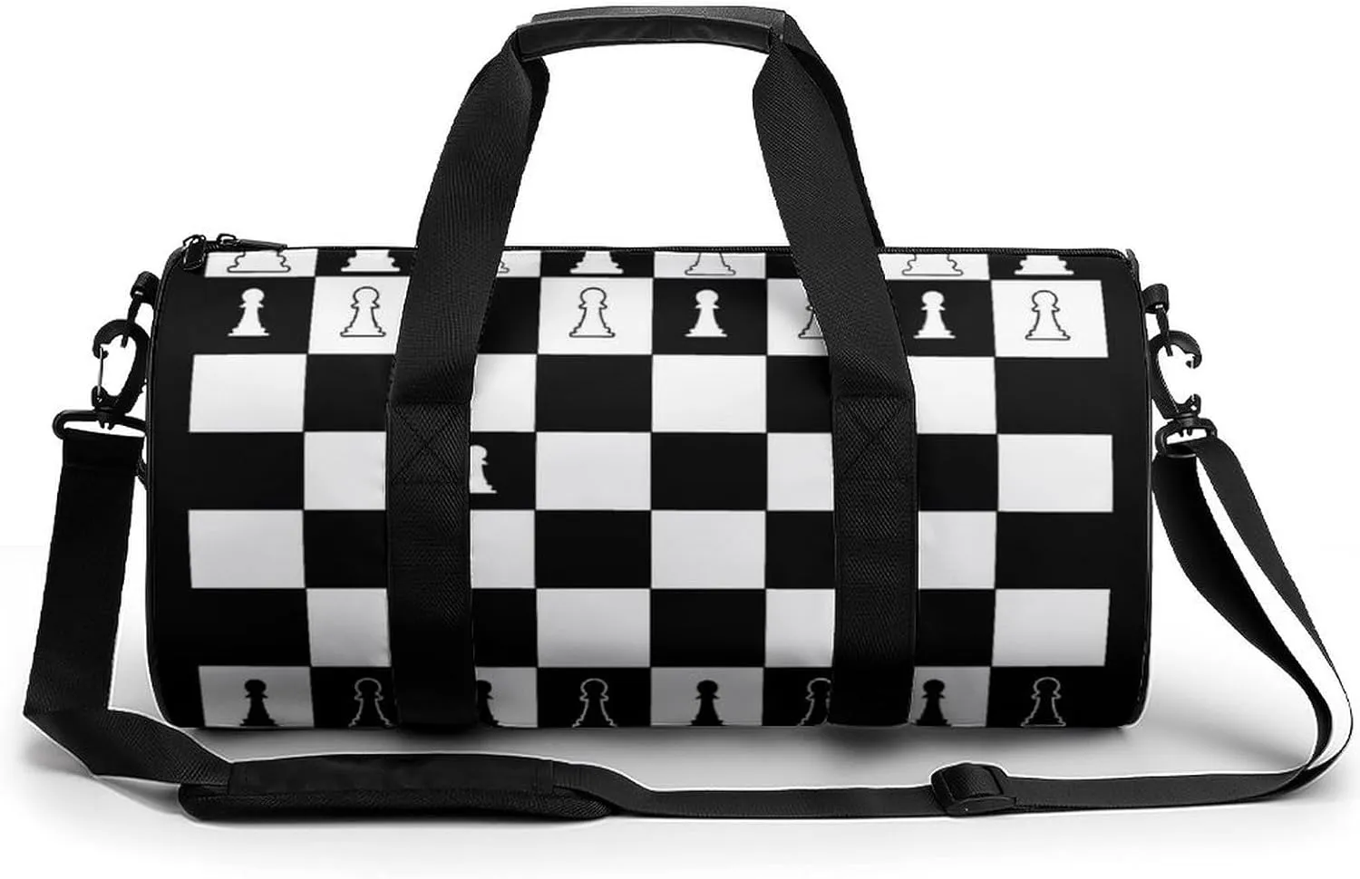 Chess Pattern Duffelbag Zipper Tote Bag Cylindrical Duffelbags Picnic Bags Gym Satchel Travel Handbag Sports Duffel Bags 17.7in/9in/9in