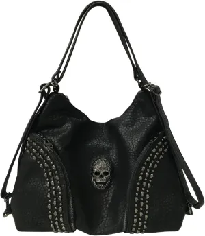 Chikencall Over-size Studded Skull Shoulder Bag for Women and Men, 3 Ways Multifunction Backpack Punk Rivet Crossbody Bags Handbag and Pursesr Bags (Black-skull)