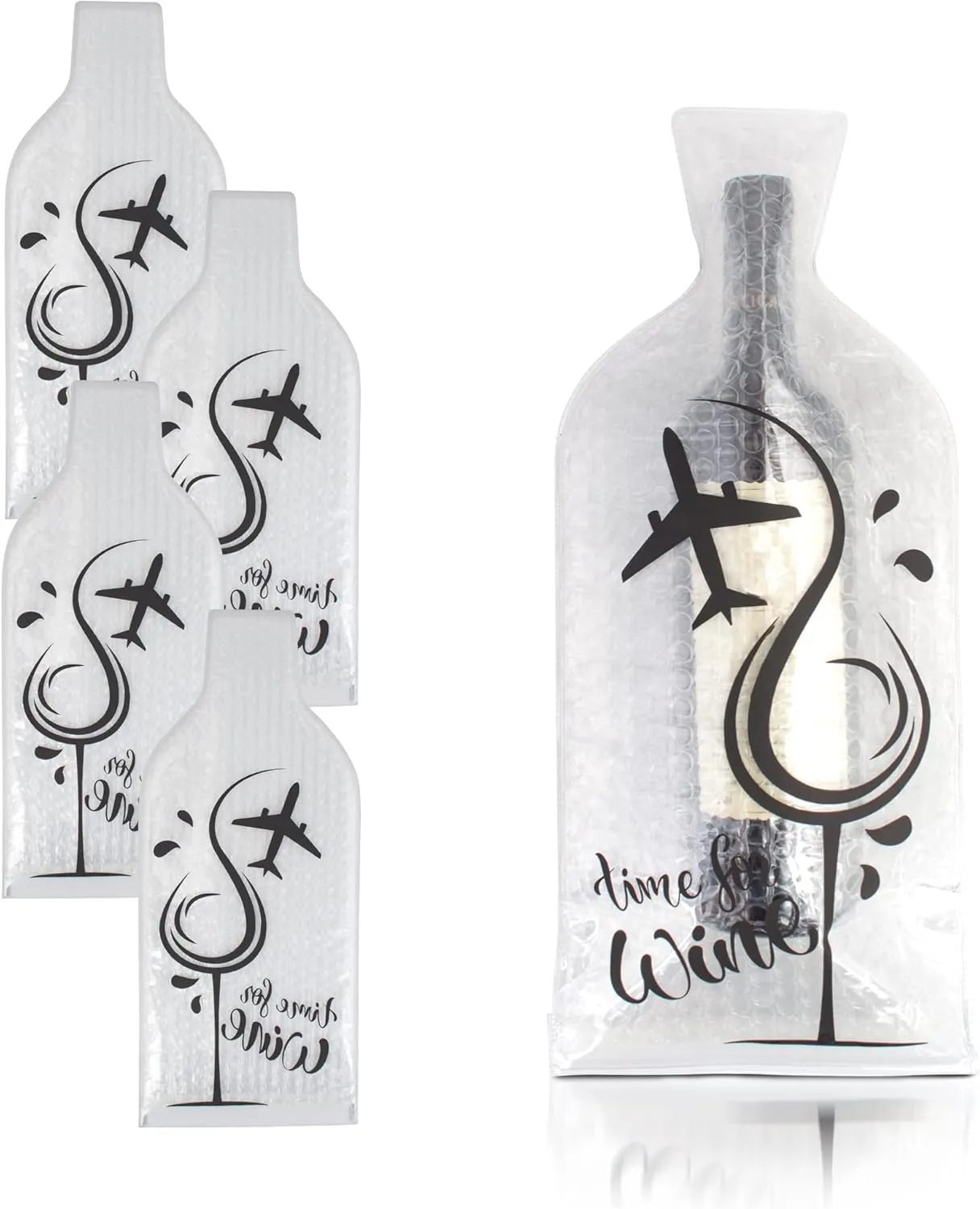 Clear Wine Bottle Travel Protector Bags, 17 x 7.25 Inches. Pack of 4 Travel Wine Bottle Protector for Airplane. Wrapping Bubble Wrap for Packing. Reusable Pouches for Bottles Protection