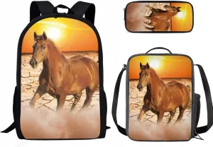 Coloranimal Running Horse School Bags Backpack Sets with Lunch Box Pencilcase Pen Pouch 3Pcs Kids Bagpack for Girls Boys