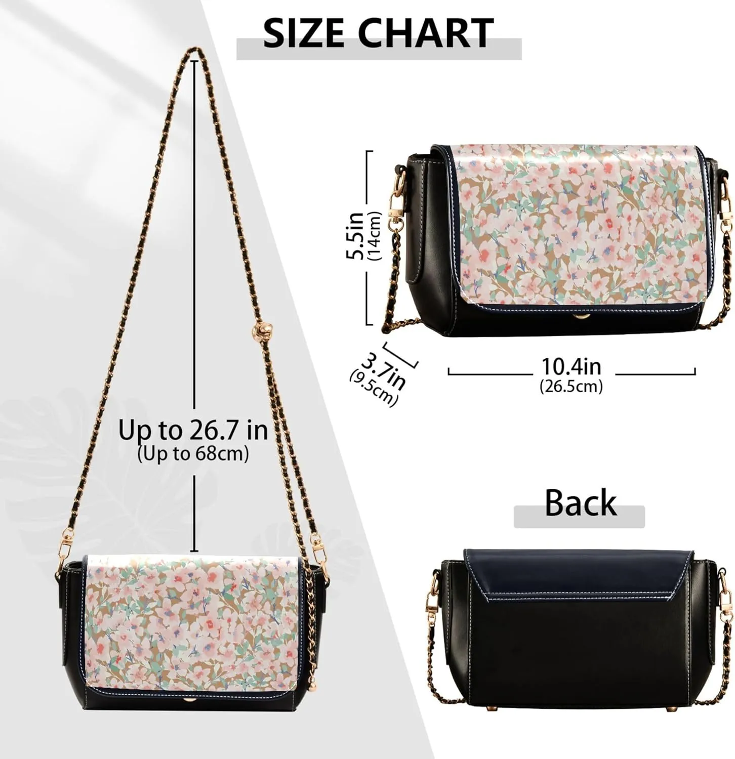 Colorful Flower Vivid Print Crossbody Purses for Women Black Shoulder Leather Bags Wallet Handbags with Chain Strap
