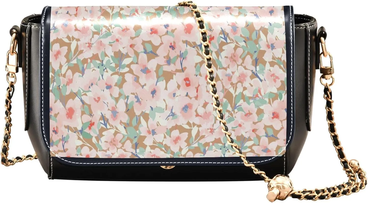 Colorful Flower Vivid Print Crossbody Purses for Women Black Shoulder Leather Bags Wallet Handbags with Chain Strap