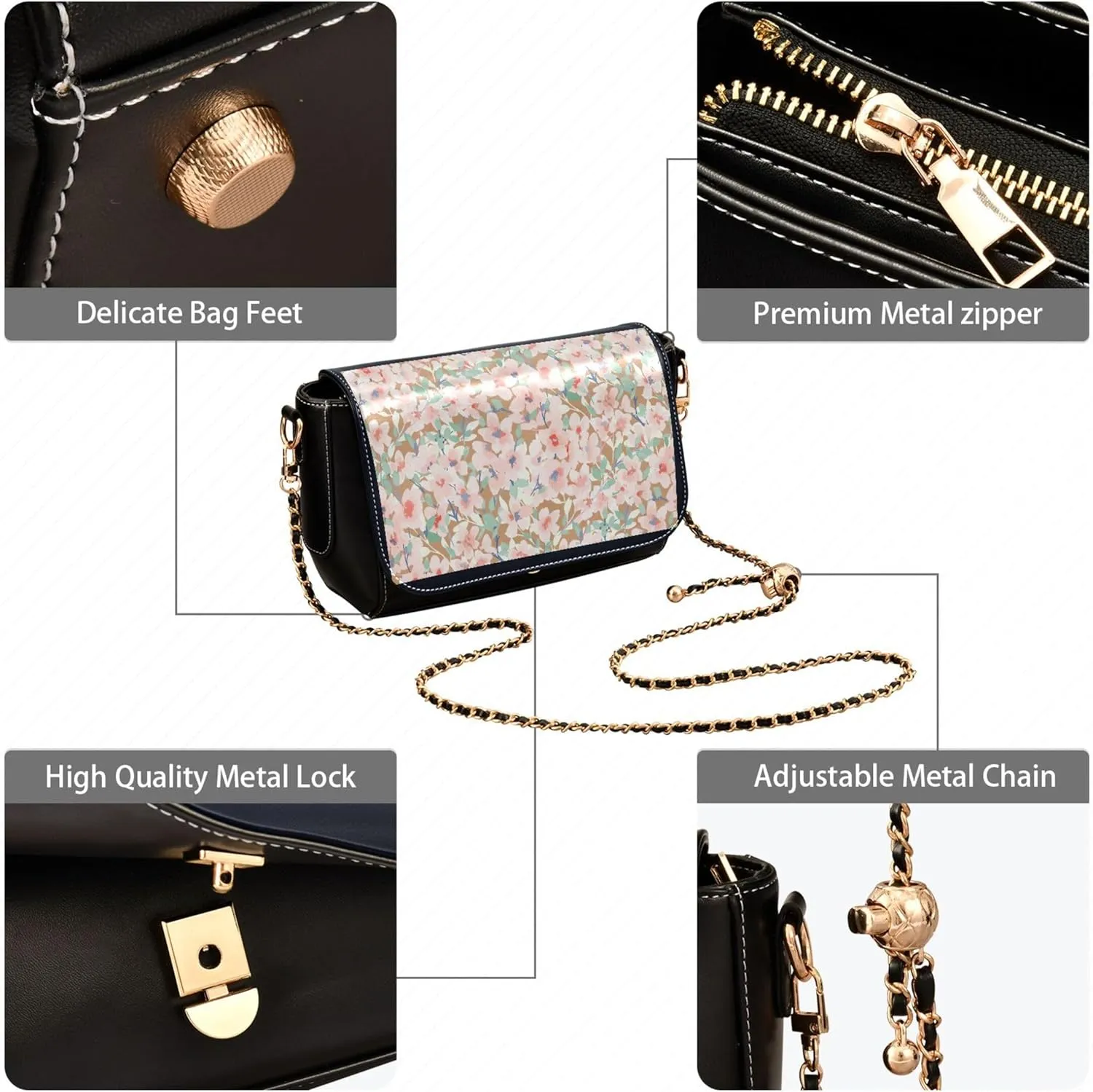 Colorful Flower Vivid Print Crossbody Purses for Women Black Shoulder Leather Bags Wallet Handbags with Chain Strap