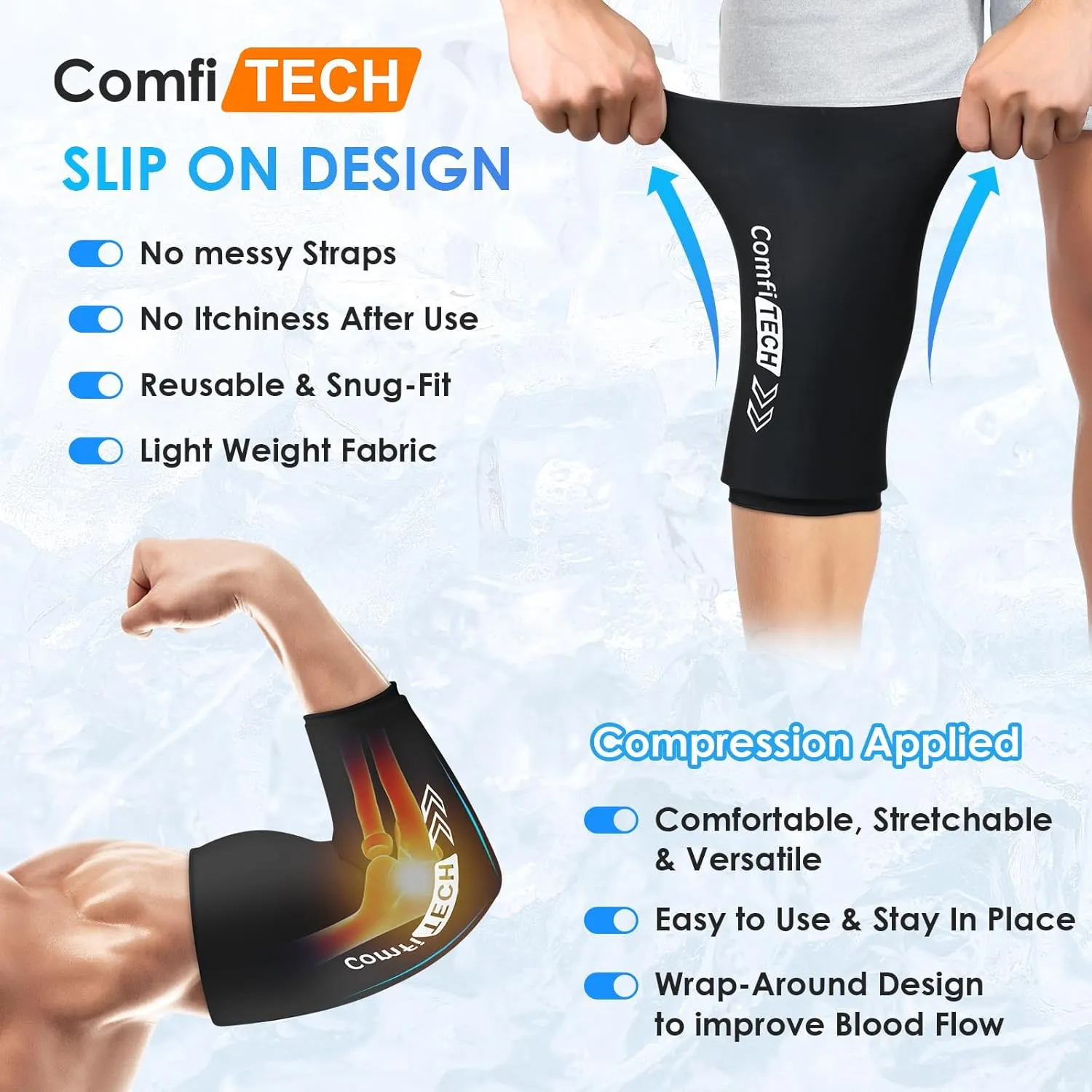 ComfiTECH Knee Ice Sleeve for Cooling Application, Flexible Cold Gel Pack Reusable, Medium, Two Packs