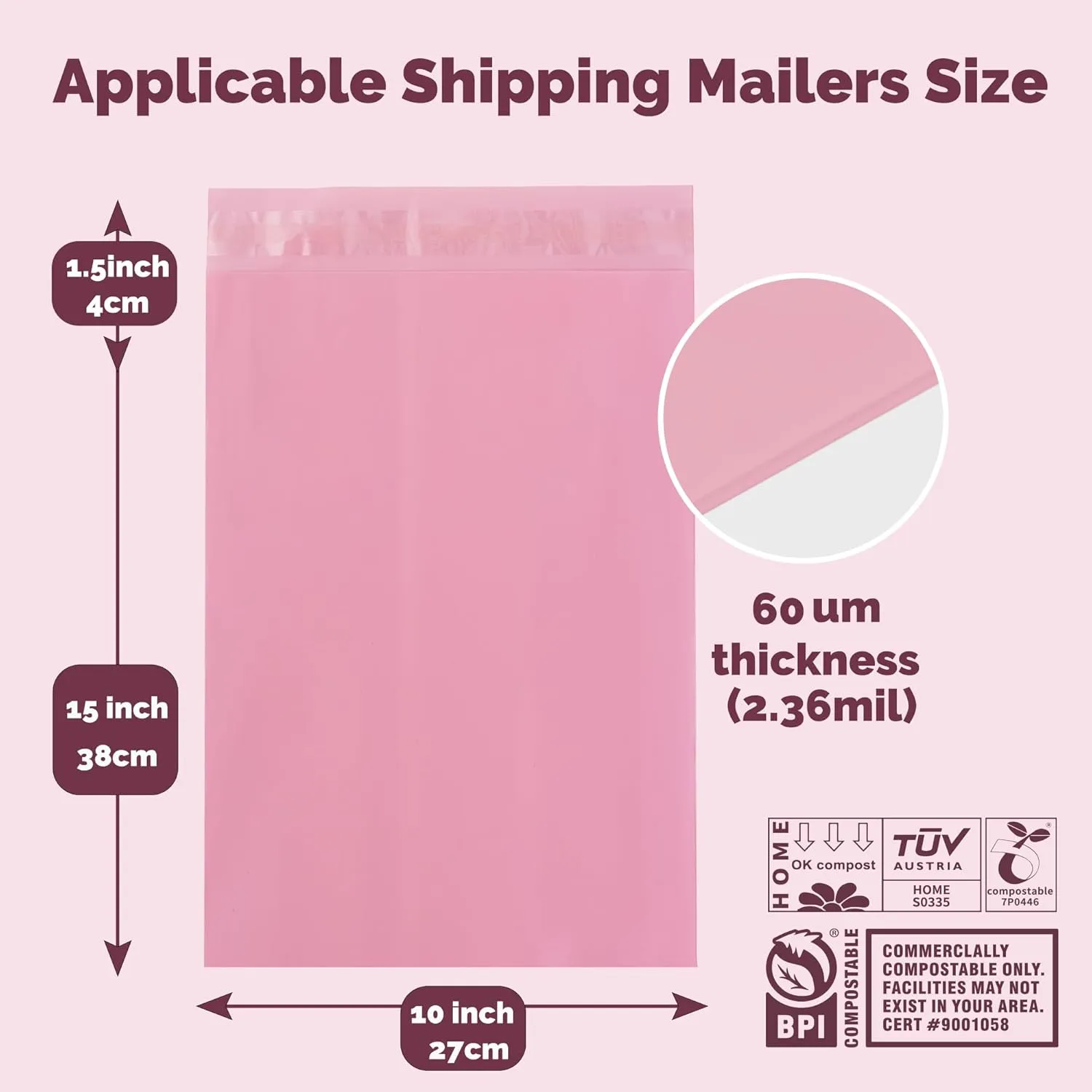Compostable Mailers Bags 10x15inch with Self-sealing Strip Eco Friendly Shipping Bags Envelopes for Clothing Shoes Packaging 50 Pack Pink