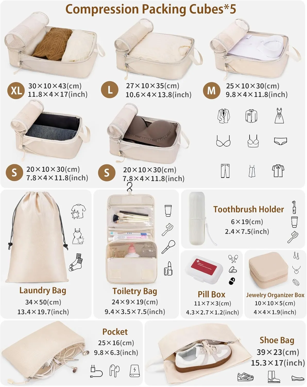 Compression Packing Cubes 12 Set, Suitcase Organizers, Luggage Organizer Bags for Travel, Extendable Packing Cubes for Travel Compression, Travel Essentials, Beige, Cream
