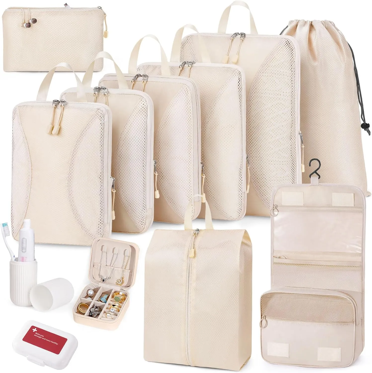 Compression Packing Cubes 12 Set, Suitcase Organizers, Luggage Organizer Bags for Travel, Extendable Packing Cubes for Travel Compression, Travel Essentials, Beige, Cream