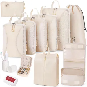 Compression Packing Cubes 12 Set, Suitcase Organizers, Luggage Organizer Bags for Travel, Extendable Packing Cubes for Travel Compression, Travel Essentials, Beige, Cream