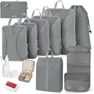 Compression Packing Cubes 12 Set, Suitcase Organizers, Luggage Organizer Bags for Travel, Extendable Packing Cubes for Travel Compression, Travel Essentials, Gray