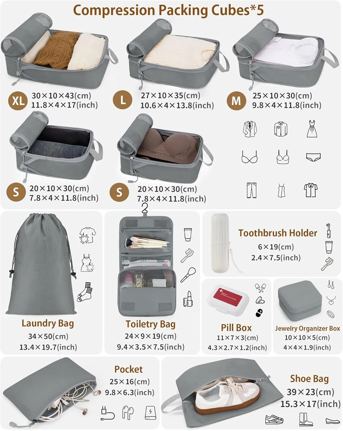 Compression Packing Cubes 12 Set, Suitcase Organizers, Luggage Organizer Bags for Travel, Extendable Packing Cubes for Travel Compression, Travel Essentials, Gray