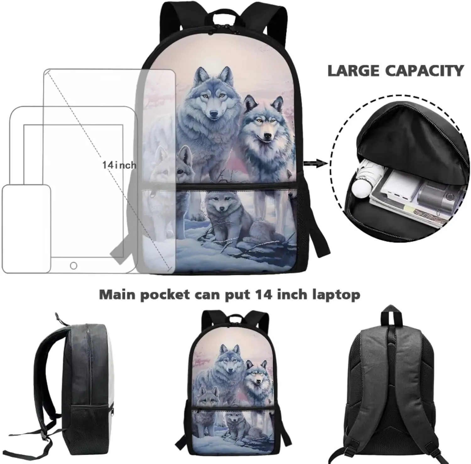 Cool Wolf School Backpack for Boys 8-10/10-12 Middle School Bookbag With Lunch Box Small Pencil Case Kids School Bag 3Rd 4Th 5Th 6Th Grade Teens Schoolbag 17inch Students Laptop Bag