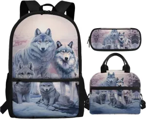 Cool Wolf School Backpack for Boys 8-10/10-12 Middle School Bookbag With Lunch Box Small Pencil Case Kids School Bag 3Rd 4Th 5Th 6Th Grade Teens Schoolbag 17inch Students Laptop Bag
