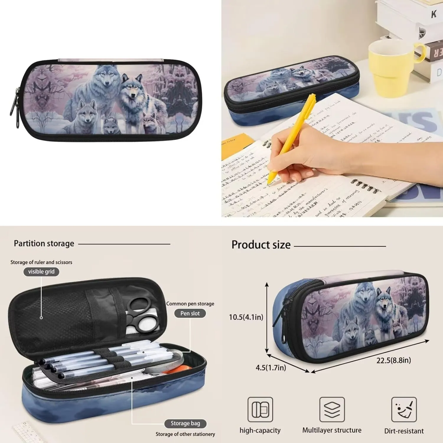 Cool Wolf School Backpack for Boys 8-10/10-12 Middle School Bookbag With Lunch Box Small Pencil Case Kids School Bag 3Rd 4Th 5Th 6Th Grade Teens Schoolbag 17inch Students Laptop Bag