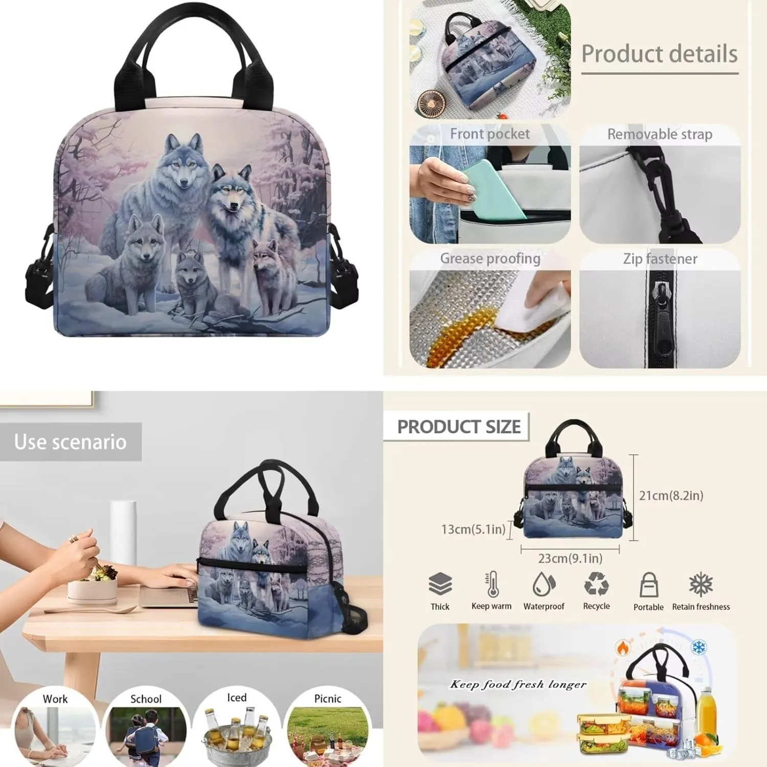 Cool Wolf School Backpack for Boys 8-10/10-12 Middle School Bookbag With Lunch Box Small Pencil Case Kids School Bag 3Rd 4Th 5Th 6Th Grade Teens Schoolbag 17inch Students Laptop Bag