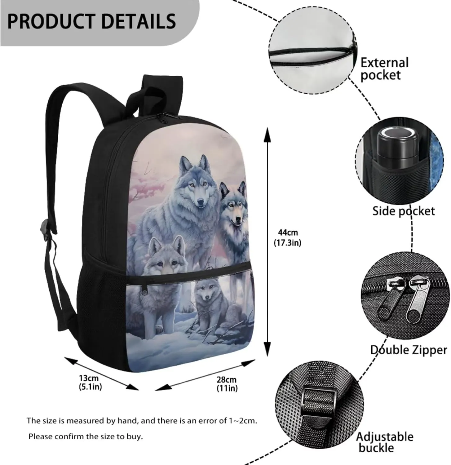 Cool Wolf School Backpack for Boys 8-10/10-12 Middle School Bookbag With Lunch Box Small Pencil Case Kids School Bag 3Rd 4Th 5Th 6Th Grade Teens Schoolbag 17inch Students Laptop Bag